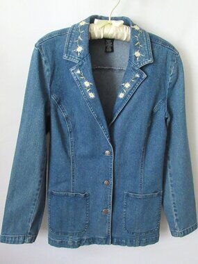 Denim & Co. blue denim embroidered collar long sleeve unlined jacket *Sz S*
